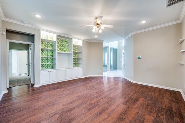 6001 Autumn Way, Mckinney, TX 75072 - unfurnished living room featuring ceiling fan, dark wood-type flooring, built in shelves, ornamental molding, and recessed lighting