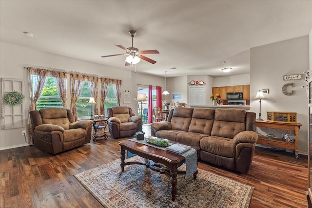118 Independence Trl, Forney, TX 75126 - living area featuring a ceiling fan and dark wood-style flooring