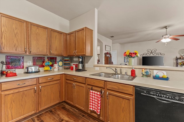 118 Independence Trl, Forney, TX 75126 - kitchen with dishwasher, light countertops, dark wood-style floors, ceiling fan, and brown cabinets