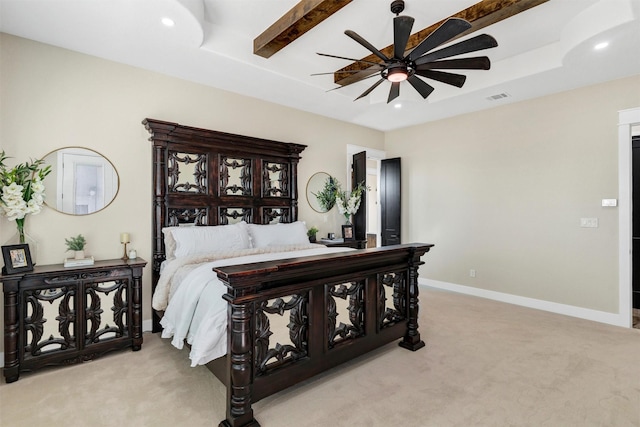 12965 Torello Ct, Godley, TX 76044 - bedroom featuring light carpet, recessed lighting, ceiling fan, and a tray ceiling