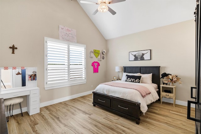12965 Torello Ct, Godley, TX 76044 - bedroom featuring light wood finished floors, high vaulted ceiling, and ceiling fan