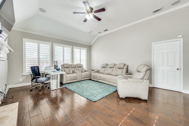 114 Stonecreek Dr, Irving, TX 75063 - living room featuring ceiling fan, healthy amount of natural light, ornamental molding, wood finished floors, and lofted ceiling