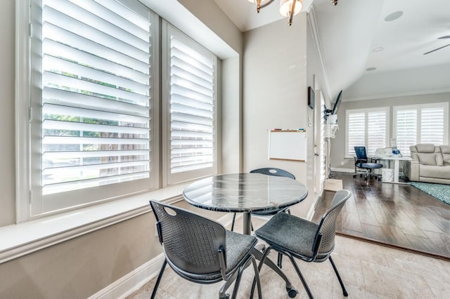 114 Stonecreek Dr, Irving, TX 75063 - dining room featuring vaulted ceiling and crown molding