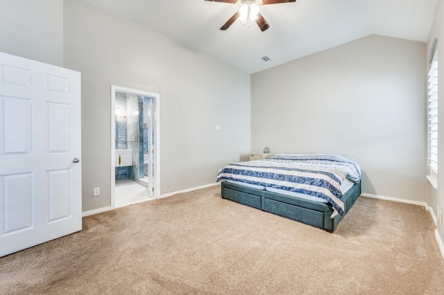 114 Stonecreek Dr, Irving, TX 75063 - bedroom with lofted ceiling, carpet, ensuite bathroom, and a ceiling fan