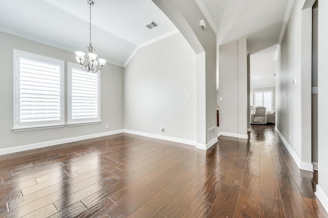 114 Stonecreek Dr, Irving, TX 75063 - unfurnished room featuring dark wood-style floors, a chandelier, vaulted ceiling, and ornamental molding