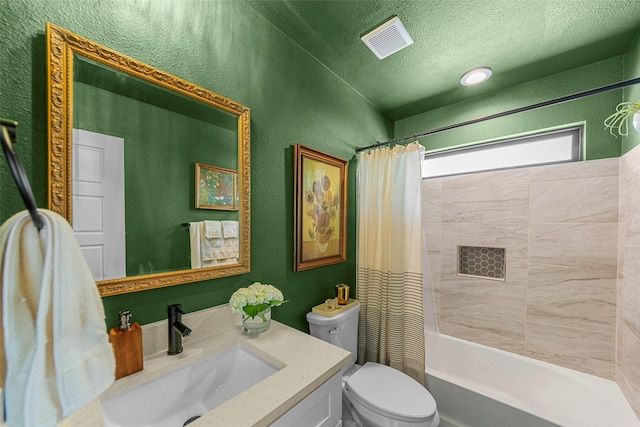 2340 Starks Ave, Dallas, TX 75215 - full bathroom with vanity, shower / bathtub combination with curtain, a textured wall, and a textured ceiling