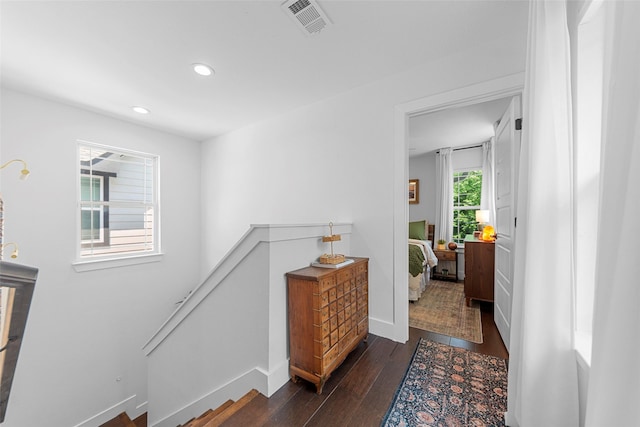 2340 Starks Ave, Dallas, TX 75215 - hall featuring an upstairs landing, dark wood-type flooring, and recessed lighting
