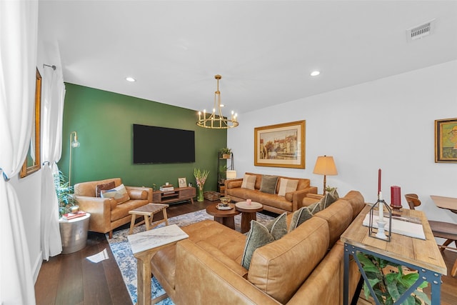 2340 Starks Ave, Dallas, TX 75215 - living room featuring dark wood-style floors, recessed lighting, and a chandelier