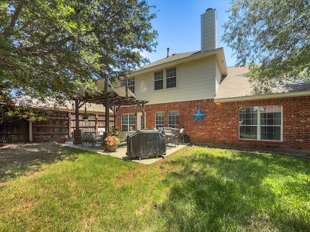 8600 La Quinta Ln, Mckinney, TX 75070 - rear view of property featuring a pergola, a chimney, brick siding, and a patio area