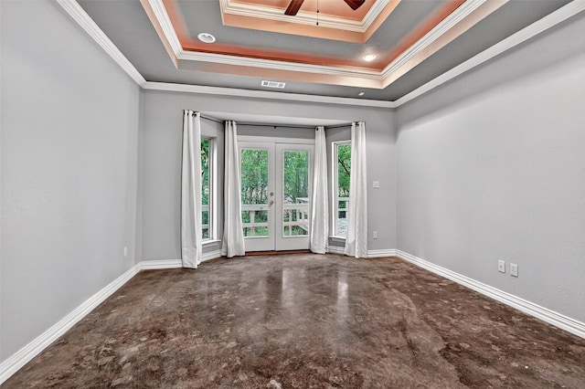 109 Lauren Ln, Pottsboro, TX 75076 - spare room with a raised ceiling, finished concrete floors, ornamental molding, and a ceiling fan