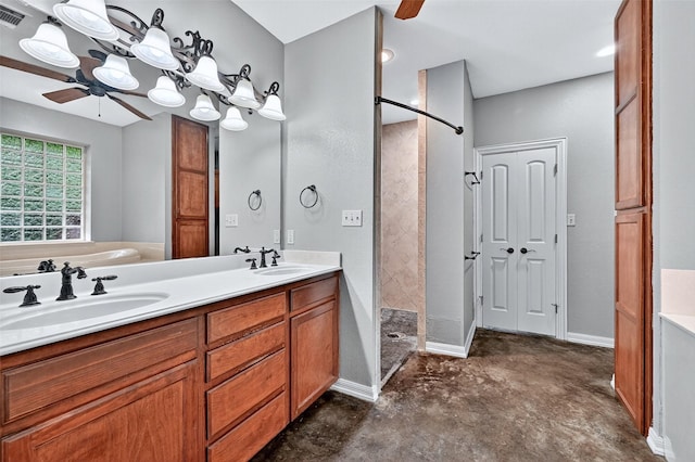 109 Lauren Ln, Pottsboro, TX 75076 - full bath with ceiling fan, a tile shower, double vanity, and concrete floors