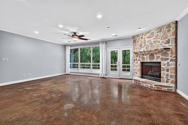 109 Lauren Ln, Pottsboro, TX 75076 - unfurnished living room with ornamental molding, finished concrete flooring, a fireplace, a ceiling fan, and recessed lighting