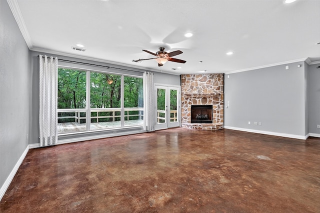 109 Lauren Ln, Pottsboro, TX 75076 - unfurnished living room featuring crown molding, ceiling fan, finished concrete flooring, a fireplace, and recessed lighting