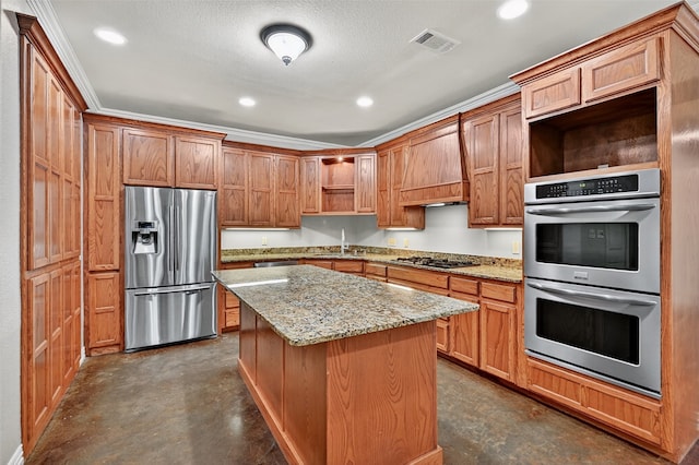 109 Lauren Ln, Pottsboro, TX 75076 - kitchen with appliances with stainless steel finishes, open shelves, finished concrete floors, custom exhaust hood, and a center island