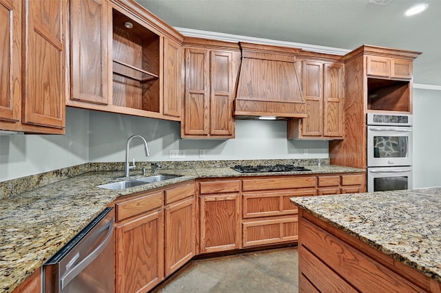 109 Lauren Ln, Pottsboro, TX 75076 - kitchen with open shelves, appliances with stainless steel finishes, premium range hood, light stone countertops, and brown cabinetry