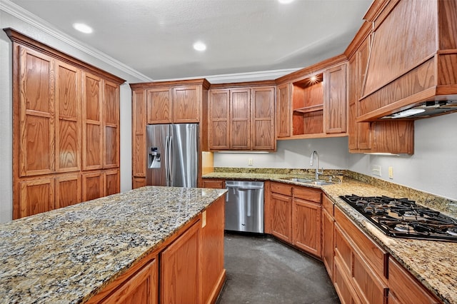 109 Lauren Ln, Pottsboro, TX 75076 - kitchen with stainless steel appliances, open shelves, brown cabinetry, light stone countertops, and recessed lighting