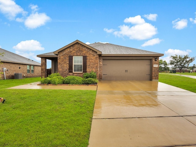 3100 Singleton Rd, Forney, TX 75126 - ranch-style house featuring brick siding, a front lawn, an attached garage, concrete driveway, and a shingled roof
