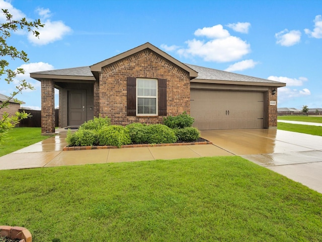3100 Singleton Rd, Forney, TX 75126 - ranch-style home with brick siding, driveway, a garage, and a front lawn