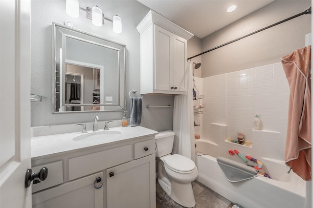 1020 Water St, Waxahachie, TX 75165 - bathroom featuring shower / bathtub combination with curtain, vanity, and tile patterned floors