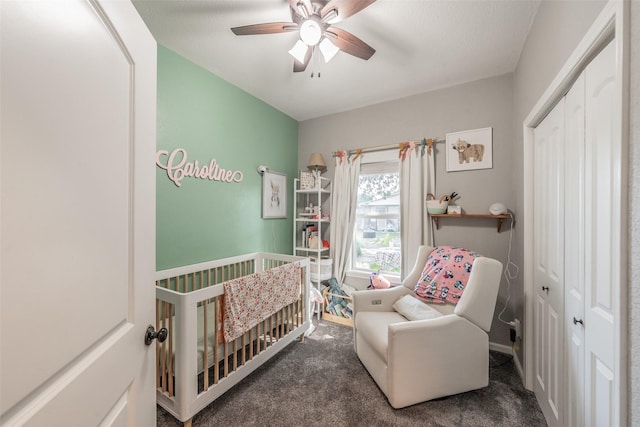 1020 Water St, Waxahachie, TX 75165 - bedroom with a nursery area, a closet, carpet, and a ceiling fan