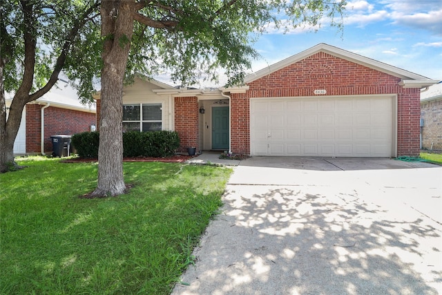 8436 Minturn Dr, Fort Worth, TX 76131 - ranch-style home with brick siding, concrete driveway, a garage, and a front yard