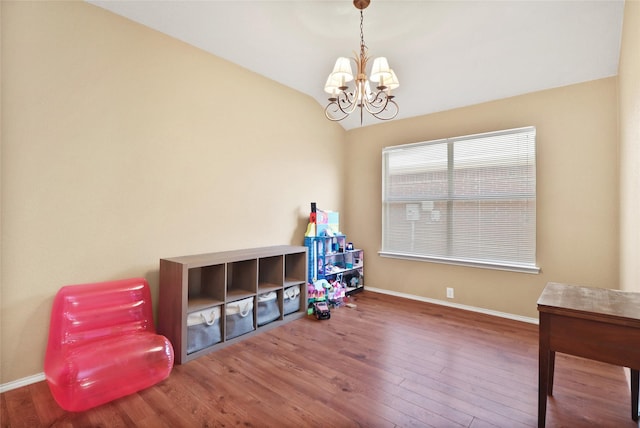 8436 Minturn Dr, Fort Worth, TX 76131 - game room featuring wood finished floors, a chandelier, and vaulted ceiling