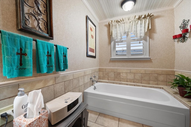 1121 W 3rd Ave, Corsicana, TX 75110 - full bath featuring a garden tub, crown molding, tile patterned floors, and tile walls