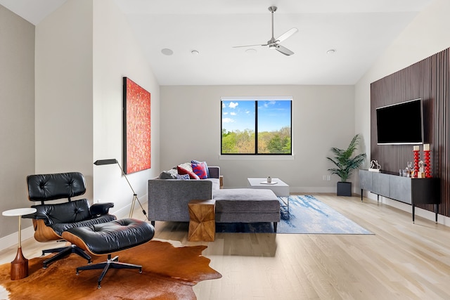 7019 Green Tree Ln, Dallas, TX 75214 - living area featuring wood finished floors, ceiling fan, and high vaulted ceiling
