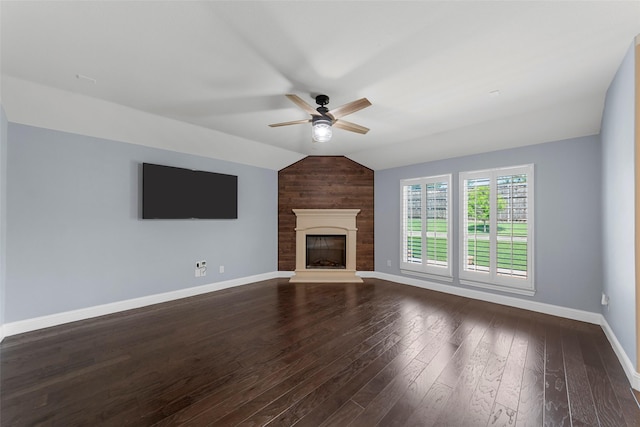 641 Woodridge Dr, Oak Point, TX 75068 - unfurnished living room with ceiling fan, dark wood-type flooring, a large fireplace, and lofted ceiling