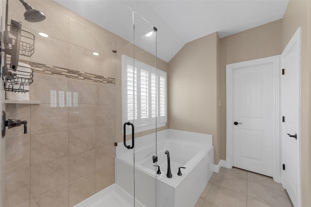 641 Woodridge Dr, Oak Point, TX 75068 - full bath featuring a stall shower, a garden tub, tile patterned floors, and lofted ceiling