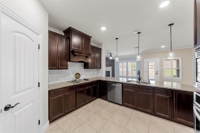 641 Woodridge Dr, Oak Point, TX 75068 - kitchen featuring dishwasher, tasteful backsplash, dark brown cabinetry, light stone counters, and light tile patterned floors