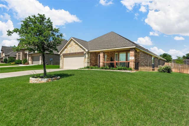 641 Woodridge Dr, Oak Point, TX 75068 - view of front facade featuring an attached garage, driveway, brick siding, a shingled roof, and stone siding