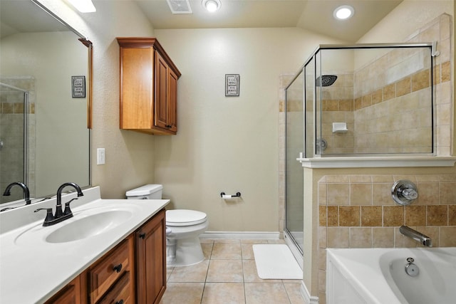 2509 Creek Villas Dr, Bedford, TX 76022 - bathroom with vanity, tile patterned floors, a stall shower, a garden tub, and vaulted ceiling