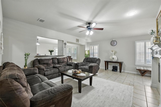 2509 Creek Villas Dr, Bedford, TX 76022 - living area featuring ceiling fan and light tile patterned floors