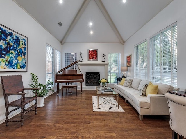 4597 Hallmark Dr, Plano, TX 75024 - living area featuring beamed ceiling, wood finished floors, a fireplace, recessed lighting, and high vaulted ceiling