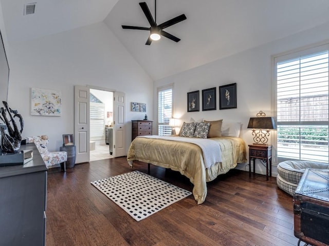 4597 Hallmark Dr, Plano, TX 75024 - bedroom featuring high vaulted ceiling, wood finished floors, ceiling fan, and ensuite bathroom