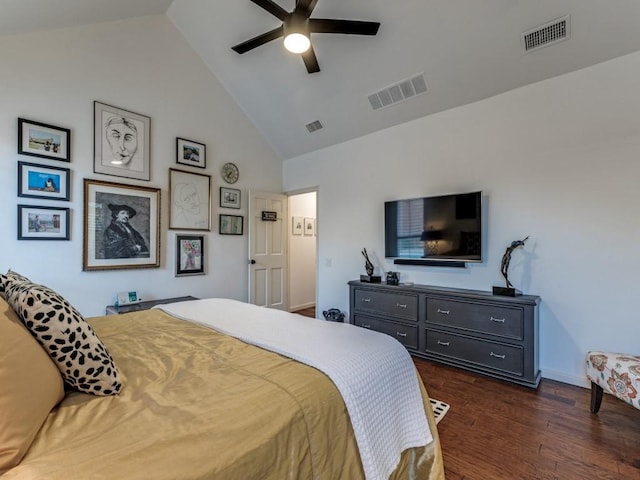 4597 Hallmark Dr, Plano, TX 75024 - bedroom with high vaulted ceiling, dark wood-style floors, and ceiling fan