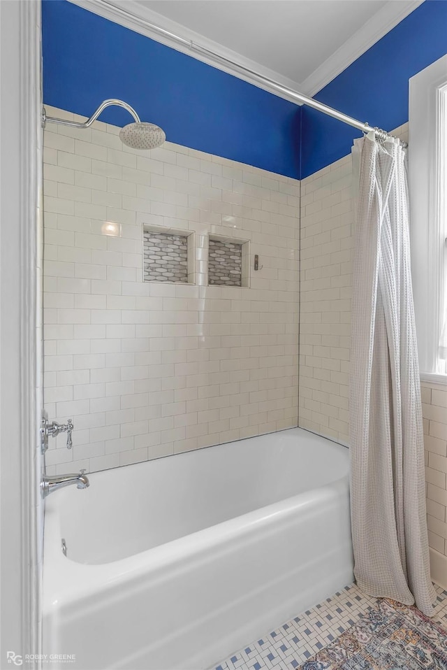 539 Atkins Ave, Shreveport, LA 71104 - full bath with shower / tub combo with curtain, tile patterned floors, and crown molding