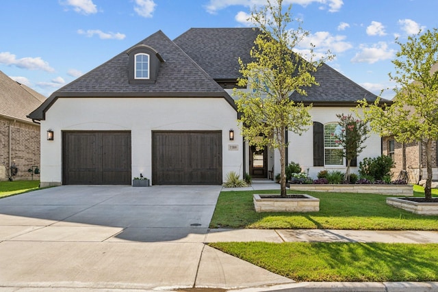7709 Waterside, The Colony, TX 75056 - french country style house with driveway, roof with shingles, an attached garage, and a front lawn