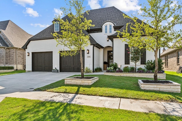 7709 Waterside, The Colony, TX 75056 - french country style house featuring a garage, driveway, a front yard, and roof with shingles