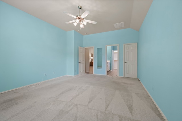 103 Deer Ct, Mansfield, TX 76063 - unfurnished bedroom featuring light colored carpet, vaulted ceiling, connected bathroom, and a ceiling fan