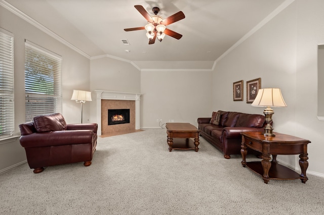 103 Deer Ct, Mansfield, TX 76063 - carpeted living room featuring ceiling fan, a fireplace, crown molding, and lofted ceiling