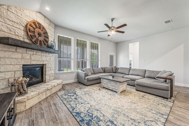 14840 Nightmist Rd, Aledo, TX 76008 - living room with a ceiling fan, a stone fireplace, wood finished floors, and recessed lighting