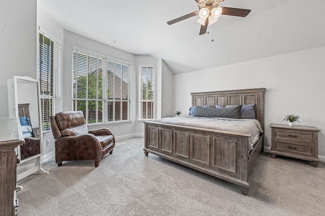 14840 Nightmist Rd, Aledo, TX 76008 - bedroom featuring light carpet, multiple windows, vaulted ceiling, and a ceiling fan