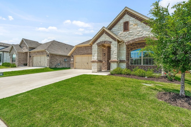 14840 Nightmist Rd, Aledo, TX 76008 - french provincial home featuring stone siding, a garage, driveway, and a front lawn