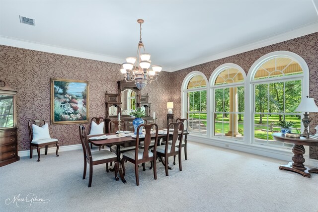 3669 Fountainbleau Rd, Keithville, LA 71047 - dining area with light colored carpet, crown molding, wallpapered walls, and a chandelier