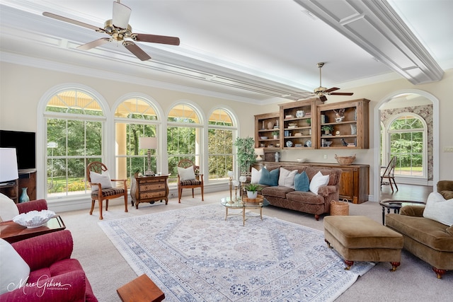3669 Fountainbleau Rd, Keithville, LA 71047 - living room with a ceiling fan, crown molding, carpet floors, and beam ceiling