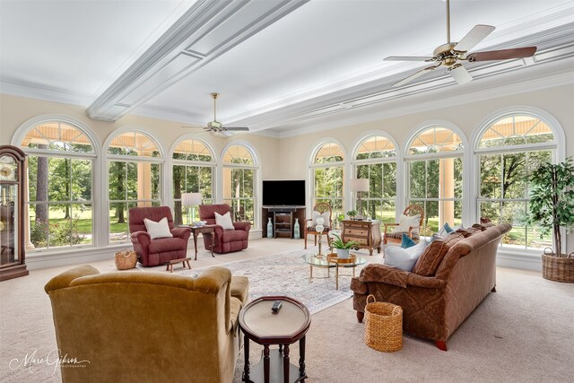 3669 Fountainbleau Rd, Keithville, LA 71047 - living room featuring carpet floors, ceiling fan, ornamental molding, and beam ceiling
