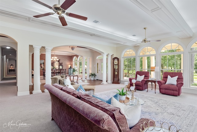 3669 Fountainbleau Rd, Keithville, LA 71047 - living area with a ceiling fan, carpet floors, ornate columns, arched walkways, and crown molding
