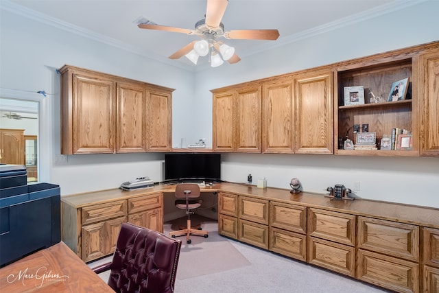 3669 Fountainbleau Rd, Keithville, LA 71047 - office area with built in study area, ceiling fan, light carpet, and crown molding